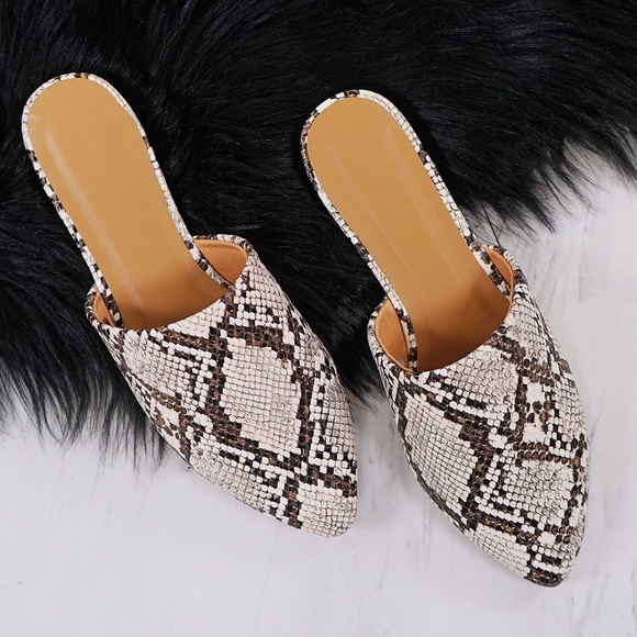 Shoes - IVORY SNAKE PRINT POINTY TOE SLIP ON FLAT MULES